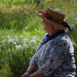 Image of Ms. Jean Michalek enjoying a view of the Duke Gardens