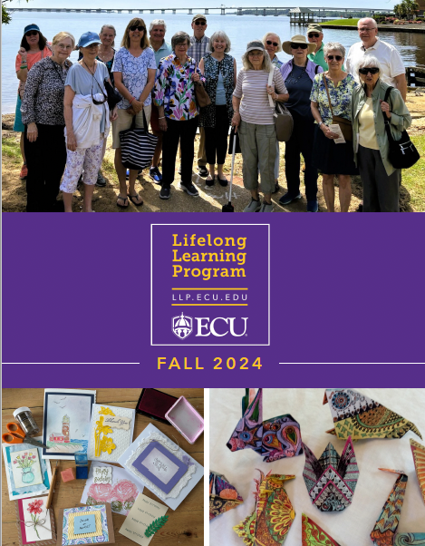 Cover of the LLP Fall 2024 Catalog, Origami photo, Card-making photo, and group photo.